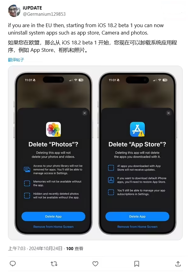 乾安苹果手机维修分享iOS 18.2 支持删除 App Store 应用商店 