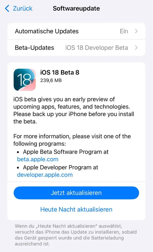 乾安苹果手机维修分享苹果 iOS / iPadOS 18 开发者预览版 Beta 8 发布 